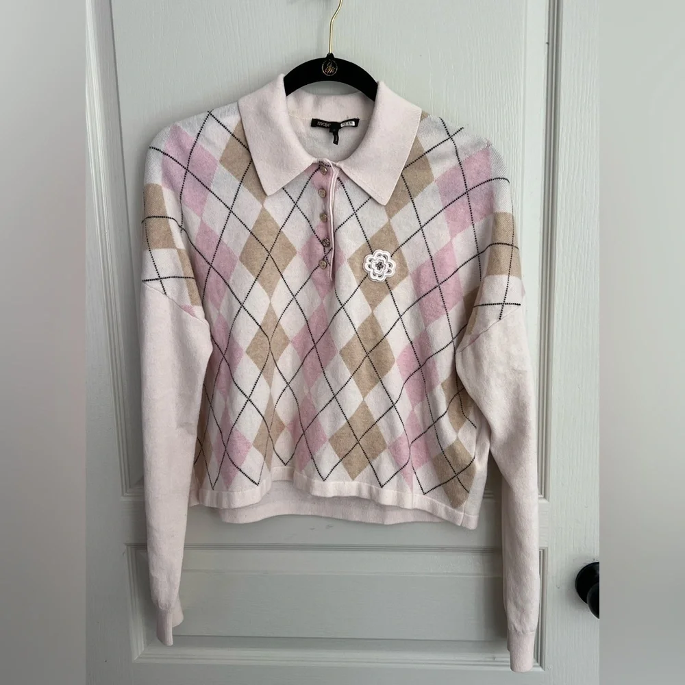 Maje Paris Pink Argyle Wool Cashmere Knit Sweater US Small - Picture 2 of 7